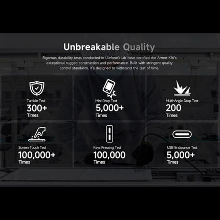 Ulefone Rugged Phone for Everyday Outdoor and Work Use - durability tests infographic showing drop, tumble, screen touch, keys and USB endurance counts
