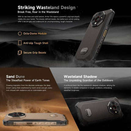 Ulefone Rugged Phone for Everyday Outdoor and Work Use showcasing sand dune and wasteland shadow designs, anti-slip tough shell and long-lasting 10360mAh battery