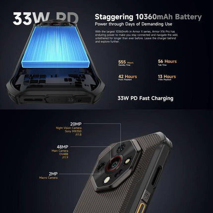 Ulefone Rugged Phone for Everyday Outdoor and Work Use showing 10360mAh battery, 33W PD fast charging and camera specs