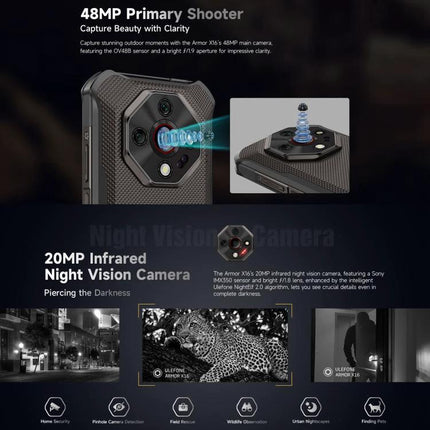 Ulefone Rugged Phone for Everyday Outdoor and Work Use showing 48MP primary shooter and 20MP infrared night vision camera features