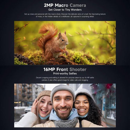 Ulefone Rugged Phone for Everyday Outdoor and Work Use showcasing 2MP macro photo of squirrel and 16MP front selfie sample