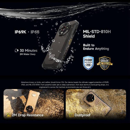 Ulefone Rugged Phone for Everyday Outdoor and Work Use showing IP69K IP68 water resistance, MIL-STD-810H drop protection and 10360mAh battery