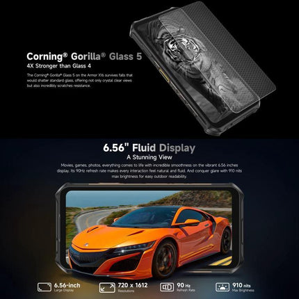 Ulefone Rugged Phone for Everyday Outdoor and Work Use showing 6.56-inch display, Corning Gorilla Glass 5, 10360mAh battery and rugged design