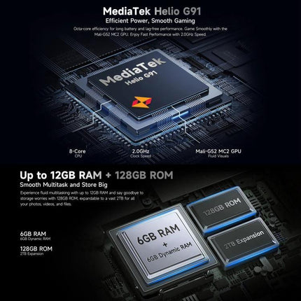 Ulefone Rugged Phone for Everyday Outdoor and Work Use showing MediaTek Helio G91 chip, 12GB RAM and 128GB ROM specs