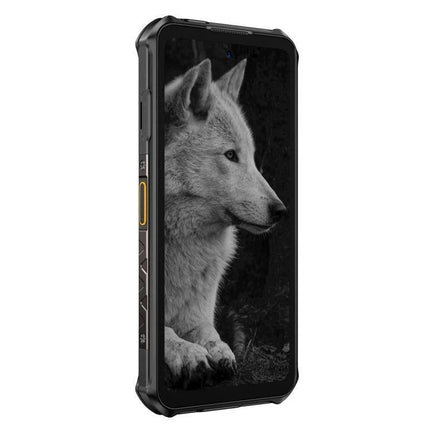 Ulefone Rugged Smartphone for Daily Adventures and Travel showing rugged phone with wolf wallpaper and 10360mAh battery for long outdoor use