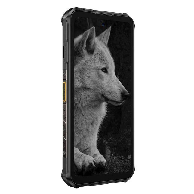 Ulefone Rugged Smartphone for Daily Adventures and Travel showing rugged phone with wolf wallpaper and 10360mAh battery for long outdoor use
