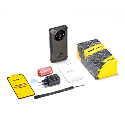 Ulefone Rugged Smartphone for Daily Adventures and Travel with 10360mAh battery, box and accessories displayed