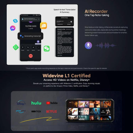 Ulefone Rugged Smartphone for Daily Adventures and Travel showcasing AI Recorder transcription, Widevine L1 streaming and 10360mAh battery