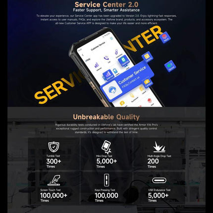 Ulefone Rugged Smartphone for Daily Adventures and Travel — rugged phone with 10360mAh battery, Service Center 2.0 and durability test icons