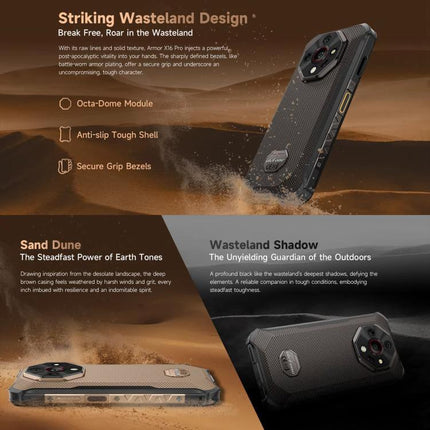Ulefone Rugged Smartphone for Daily Adventures and Travel showcasing sand dune and wasteland shadow rugged design with 10360mAh battery and secure grip