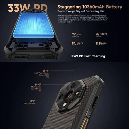 Ulefone Rugged Smartphone for Daily Adventures and Travel showcasing 10360mAh battery, 33W PD fast charging and robust camera module