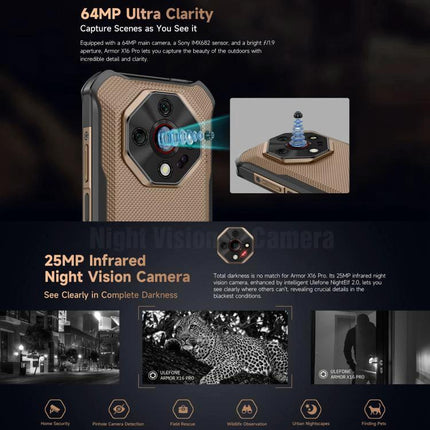 Ulefone Rugged Smartphone for Daily Adventures and Travel showcasing 64MP camera, 25MP infrared night vision camera, and long battery life