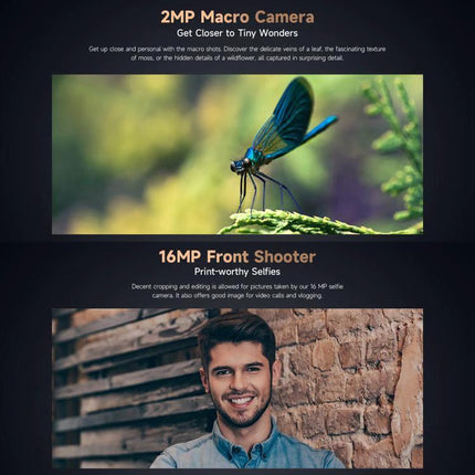 Ulefone Rugged Smartphone for Daily Adventures and Travel — 2MP macro and 16MP front shooter showcasing close-up insect shot and selfie sample