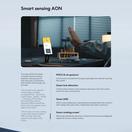 Essential Xiaomi Smartphone for Daily Communication and Media showing hand gesture controlling phone on desk with smart sensing AON features