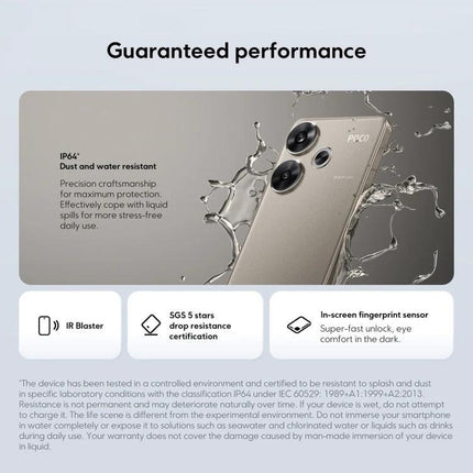 Essential Xiaomi Smartphone for Daily Communication and Media with water-resistant design and triple-camera POCO close-up