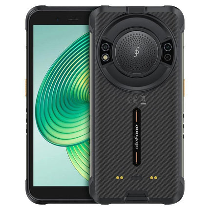 Ulefone Rugged Phone for Everyday Outdoor Tasks and Travel shown front and back with carbon-fiber finish and rear speaker grill