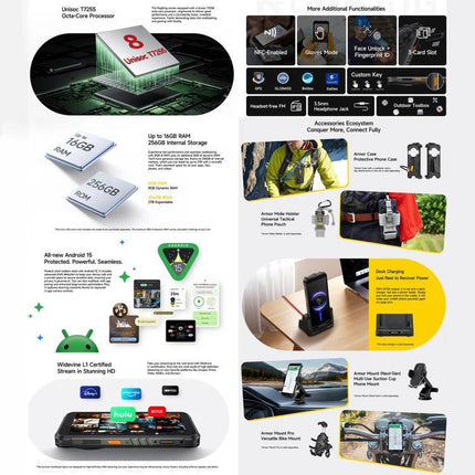 Ulefone Rugged Phone for Everyday Outdoor Tasks and Travel shown with accessories, specs, and outdoor use scenarios