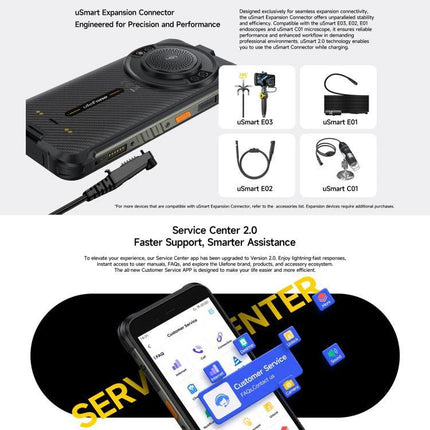 Ulefone Rugged Phone for Everyday Outdoor Tasks and Travel showing uSmart expansion connector and Service Center 2.0 features