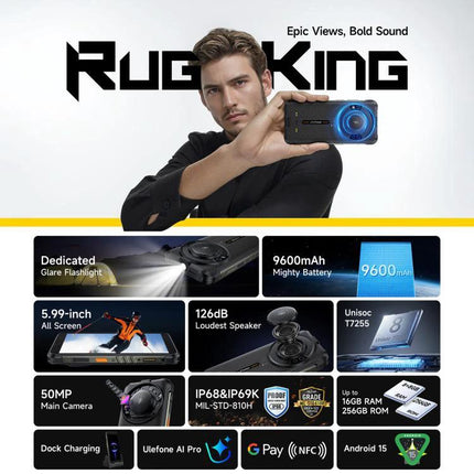 Ulefone Rugged Phone for Everyday Outdoor Tasks and Travel shown with 50MP camera, 9600mAh battery, IP68/IP69K durability