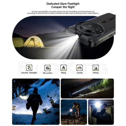 Ulefone Rugged Phone for Everyday Outdoor Tasks and Travel rugged phone flashlight showing camping, hiking, cycling, fishing use