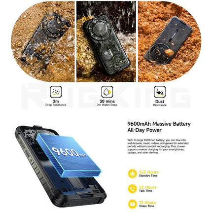 Ulefone Rugged Phone for Everyday Outdoor Tasks and Travel shown wet, dusty, and dropped with 9600mAh battery