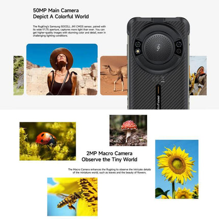 Ulefone Rugged Phone for Everyday Outdoor Tasks and Travel showing 50MP main camera and 2MP macro camera with outdoor photos