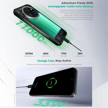 Oukitel Rugged Phone for Everyday Outdoor Activities showing 11000mAh battery and 33W charging, ideal for hikes and work sites
