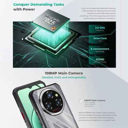 Oukitel Rugged Phone for Everyday Outdoor Activities showcasing 108MP main camera, Dimensity 7025 chip, and 11000mAh battery for hiking and work sites