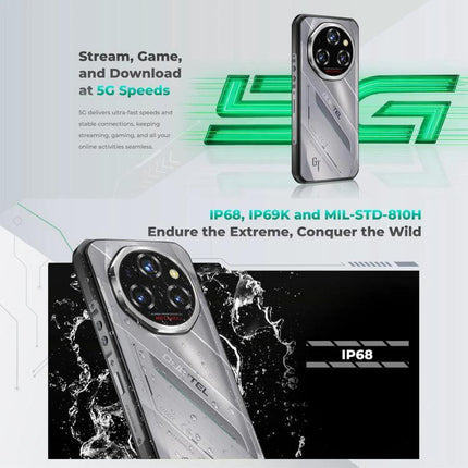 Oukitel Rugged Phone for Everyday Outdoor Activities showing waterproof, dustproof rugged design with 11000mAh battery and 5G performance