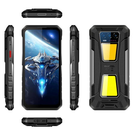 Oukitel Rugged Phone for Everyday Outdoor and Travel Use — black rugged smartphone front, back and side views, durable design for hiking and travel