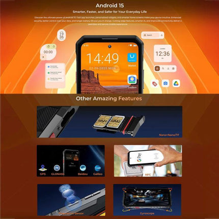 Oukitel Rugged Phone for Everyday Outdoor and Travel Use shown with Android 15 interface and rugged features