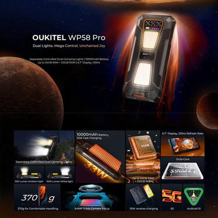 Oukitel Rugged Phone for Everyday Outdoor and Travel Use - rugged WP58 Pro with dual camping lights, 10000mAh battery, 5G, and durable drop-resistant design