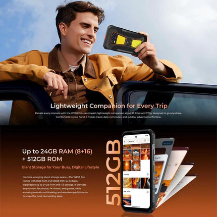 Oukitel Rugged Phone for Everyday Outdoor and Travel Use showing a traveler holding the rugged phone by a car, highlighting durability and 512GB storage