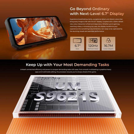 Oukitel Rugged Phone for Everyday Outdoor and Travel Use showing 6.7" display, 120Hz refresh rate and Unisoc T616/S9621S performance