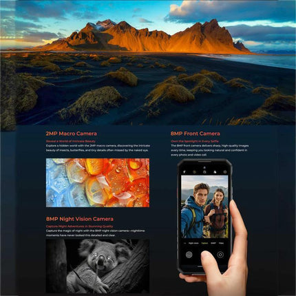 Oukitel Rugged Phone for Everyday Outdoor and Travel Use shown capturing landscapes and features like 2MP macro, 8MP night vision, and 8MP front camera