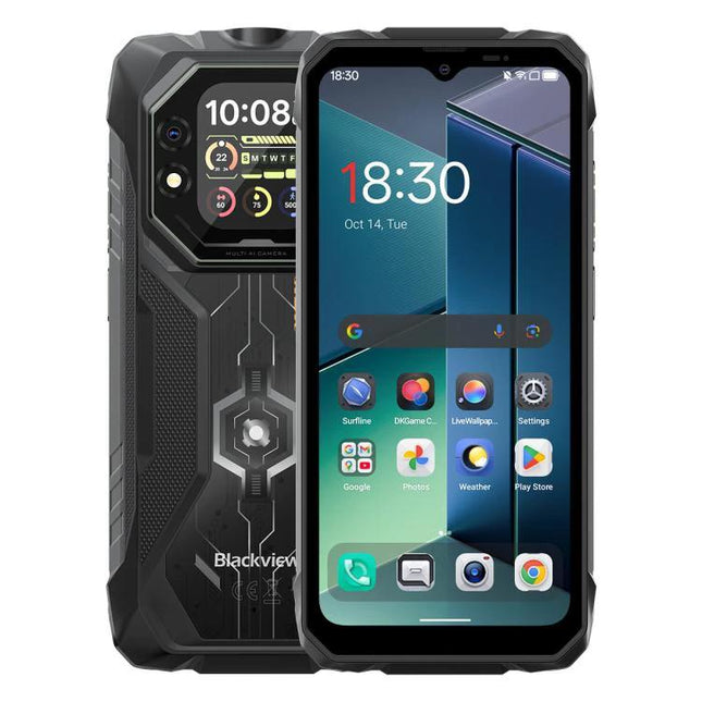 Blackview Rugged Phone for Tough Everyday Activities showing front display and rugged back with 15000mAh battery