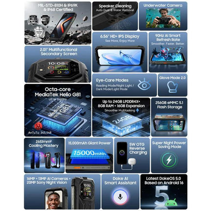 Blackview Rugged Phone for Tough Everyday Activities showcasing rugged features, 15000mAh battery, dual displays and underwater camera