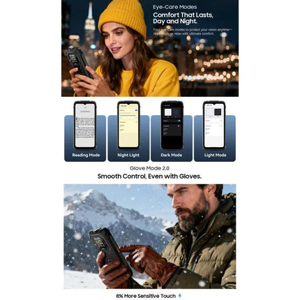 Blackview Rugged Phone for Tough Everyday Activities showing eye-care modes, glove mode, and outdoor use with 15000mAh battery