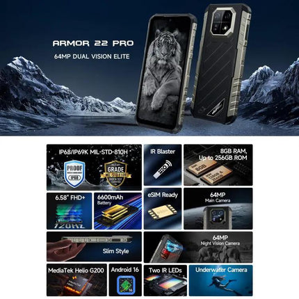 Ulefone Armor 22 Pro Rugged Phone 8GB RAM 128GB 6.58 Inch