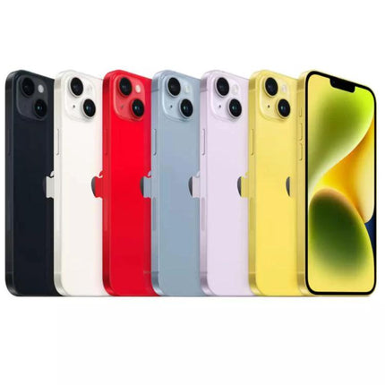 Apple iPhone 14 Plus USA Version 5G 128GB Unlocked Mix Colors Used A Grade, iPhone 14 Plus 128GB - row of mix color phones showing front and back