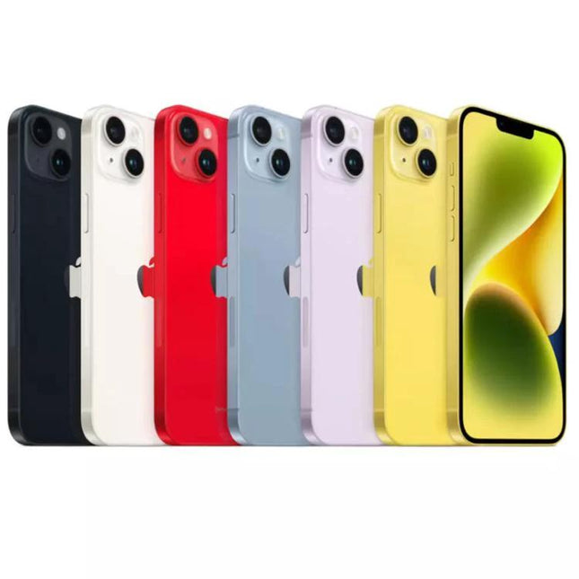 Apple iPhone 14 Plus USA Version 5G 128GB Unlocked Mix Colors Used A Grade, iPhone 14 Plus 128GB - row of mix color phones showing front and back