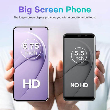 A56 Smartphone with 6.75-Inch Display for Everyday Communication showing large 6.75-inch HD punch-hole screen next to smaller 5.5-inch phone