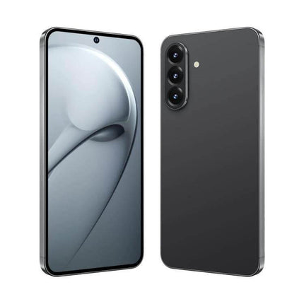 Versatile Android Smartphone with Dual SIM and Large Display showing front punch-hole 6.75-inch screen and triple rear cameras, matte black finish