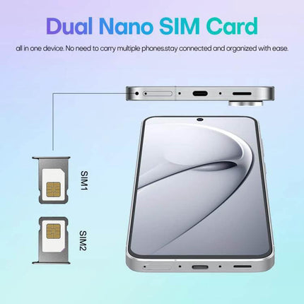 Versatile Android Smartphone with Dual SIM and Large Display showing front screen, punch‑hole 6.75-inch display and dual SIM tray illustration