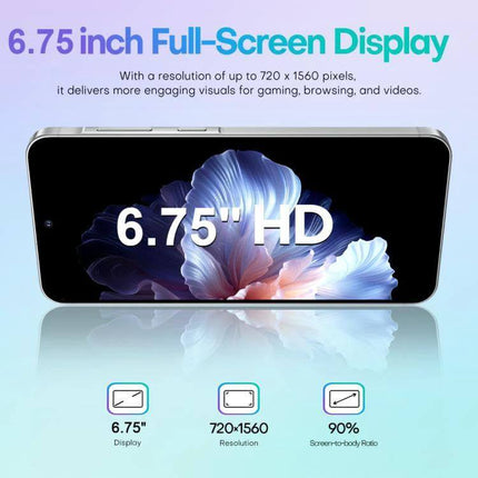 Versatile Android Smartphone with Dual SIM and Large Display showing 6.75-inch HD punch-hole full-screen with 720x1560 resolution and 90% screen-to-body ratio