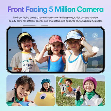 Versatile Android Smartphone with Dual SIM and Large Display showing front-facing 5MP camera capturing kids' selfies on 6.75-inch punch-hole screen