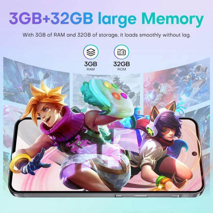 Versatile Android Smartphone with Dual SIM and Large Display showing 3GB RAM and 32GB storage gameplay on a 6.75-inch punch-hole screen