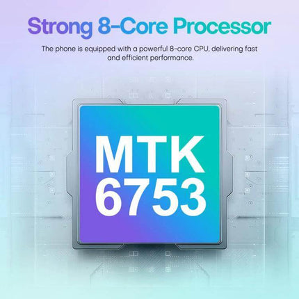 Versatile Android Smartphone with Dual SIM and Large Display showing MTK 6753 8-core processor graphic