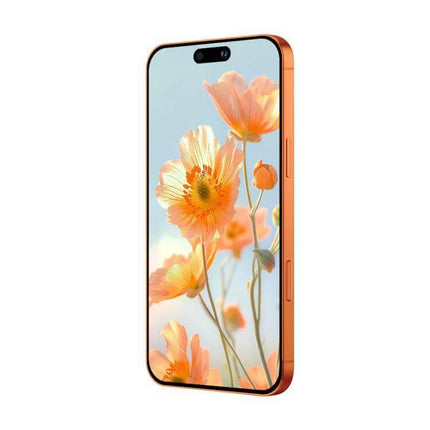 I17 Pro Max Android Smartphone for Everyday Use with Large Screen showing orange bezel, large floral display and side buttons