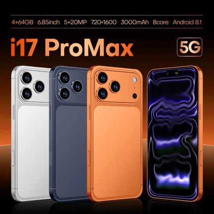 I17 Pro Max Android Smartphone for Everyday Use with Large Screen showing multiple color variants, large display, triple rear cameras and 5G badge